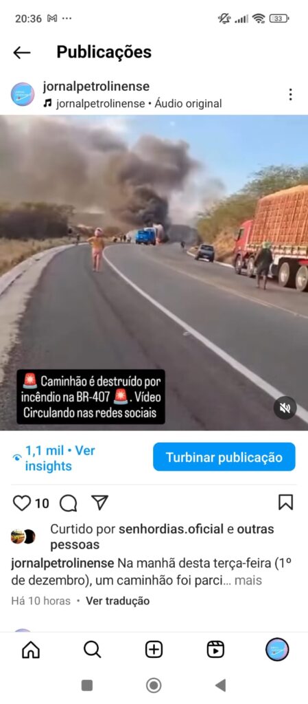 Caminhão é destruído por incêndio na BR-407